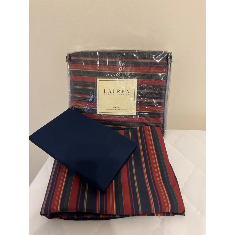 Ralph Lauren Studio Stripe Red King Duvet & 2 Ralph Lauren Navy King Pillowcases